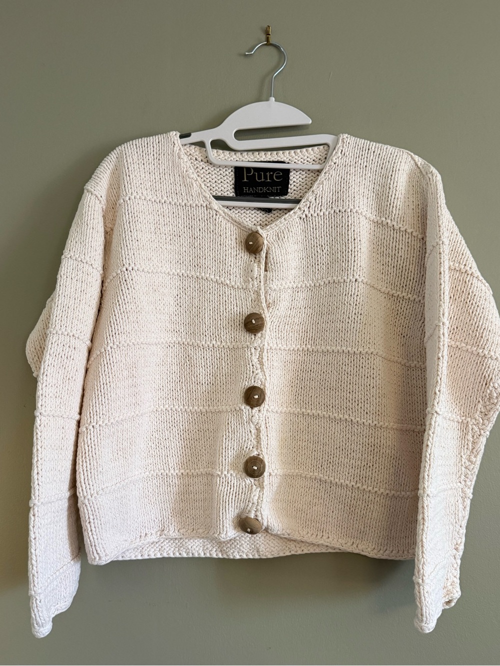 Pure Handknit Vintage Cotton Cardigan Cream Chunky Knit Wood Buttons Medium